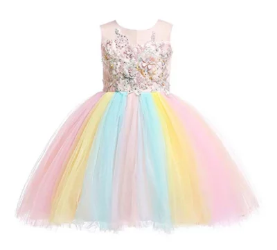 Weileenice 2-14T Girls Costume Cosplay Dress Kids Rainbow Tulle 3D Embroidery Beading Princess Dresses